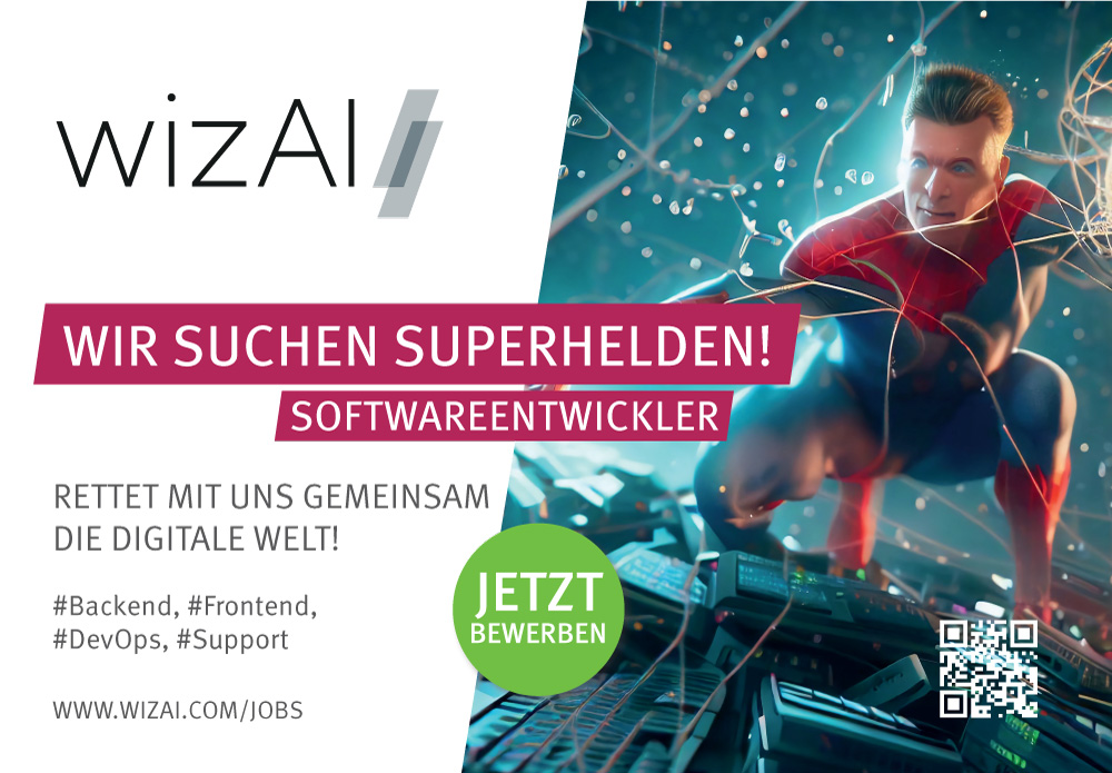 Ein Plakat für Stellenanfragen für Softwareentwickler von. der Firma wizAI solutions GmbH.